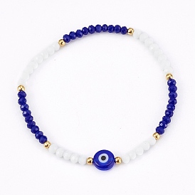 Faceted Glass Beaded Stretch Bracelets, with Evil Eye Lampwork Flat Round Beads and 304 Stainless Steel Beads, Golden