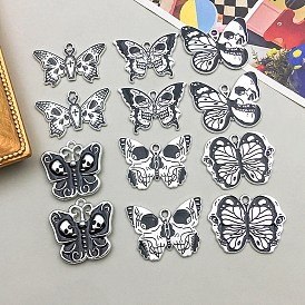 Halloween Alloy Enamel Pendants, Butterfly with Skull, Platinum