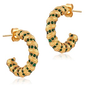 Cubic Zirconia C-shape Stud Earrings, Gold Plated 304 Stainless Steel Half Hoop Earrings for Women