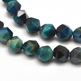 Dyed Natural Gemstone Tiger Eye Bead Strands, Star Cut Round Beads, Heated, Faceted
