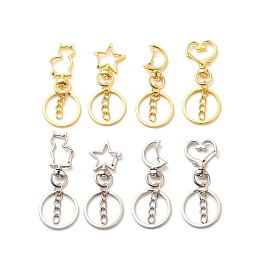 Alloy Swivel Keychain Clasps, with Iron Split Key Rings, Flower & Cat & Heart & Moon & Star, Mixed Shape