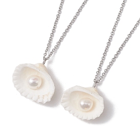 Natural Clam Shell & Imitation Pearl Pendant Necklaces, 304 Stainless Steel Cable Chain Necklaces