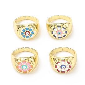 Enamel Flower Evil Eye Open Cuff Ring, Real 18K Gold Plated Brass Wide Band Chunky Ring for Women, Cadmium Free & Lead Free