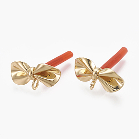 Brass Stud Earring Findings, with Loop, Raw(Unplated) Silver Pins and Plastic Protector, Real 18K Gold Plated, Bowknot