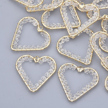 Glass Pendants, Wire Wrapped Pendants, with Real 18K Gold Plated Brass Wires and Open Back Bezel Pendants, Nickel Free, Heart