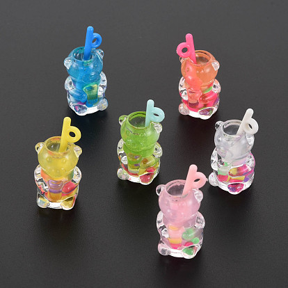 Imitation Bubble Tea Transparent Resin Pendants, Polymer Clay inside, with Acrylic Cup, Bear