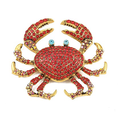 Alloy Rhinestone Lapel Pins for Backpack Clothes, Crab, Antique Golden