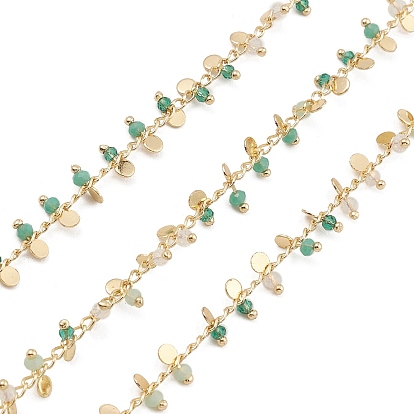 Brass Link Chains, with Medium Aquamarine Beads & Flat Round Charms, Unwelded, with Spool