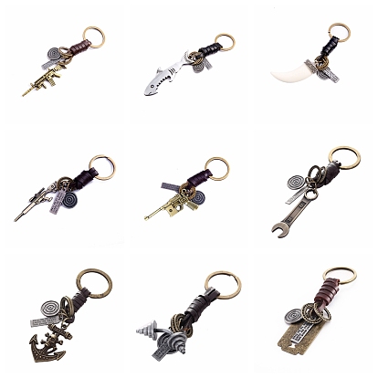 Punk Style Woven Cow Leather Alloy Pendant Keychain, for Car Key Pendant