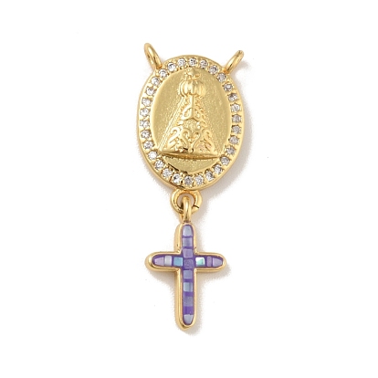 Brass Charms, with Shell, Cadmium Free & Lead Free, Long-Lasting Plated, Oval with Cross, Real 18K Gold Plated