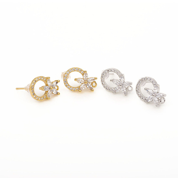 Brass Stud Earring Findings, with Loops, Clear Cubic Zirconia and Ear Nuts, Ring with Flower