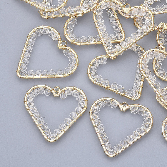 Glass Pendants, Wire Wrapped Pendants, with Real 18K Gold Plated Brass Wires and Open Back Bezel Pendants, Nickel Free, Heart