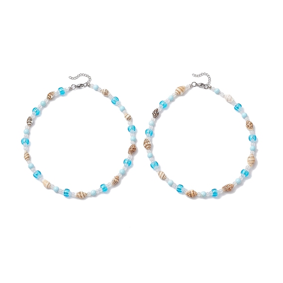 Летние пляжные ожерелья из натуральных ракушек, стекла и синтетической бирюзы для женщин, голубой