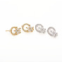 Brass Stud Earring Findings, with Loops, Clear Cubic Zirconia and Ear Nuts, Ring with Flower