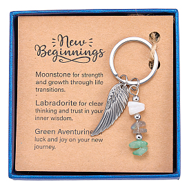 304 Брелки из нержавеющей стали с перьями из натуральных драгоценных камней, с 304 кольцами из нержавеющей стали, мешочком из органзы, бумажной карточкой и коробкой