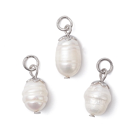 Натуральный жемчуг подвески, подвески из риса с 304 соединительными кольцами из нержавеющей стали, цветочный белый