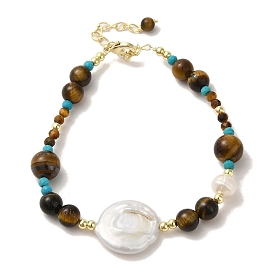 Natural Pearl & Tiger Eye & Synthetic Turquoise Beaded Bracelets, with Brass Clasps