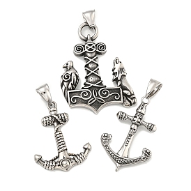 316 Surgical Stainless Steel Pendants, Anchor & Mjolnir Thor Hammer Charm