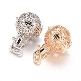 Eco-Friendly Rack Plating Brass Hollow Round Cage Pendants, For Chime Ball Pendant Necklaces Making, Cadmium Free & Nickel Free & Lead Free, 30x24x22mm, Hole: 9x4mm
