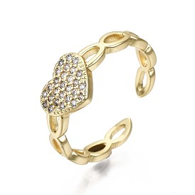 Brass Micro Pave Clear Cubic Zirconia Cuff Rings, Open Rings, Nickel Free, Heart