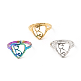 201 Stainless Steel Finger Ring, Heart with Cat Rings for Women, Pet Theme