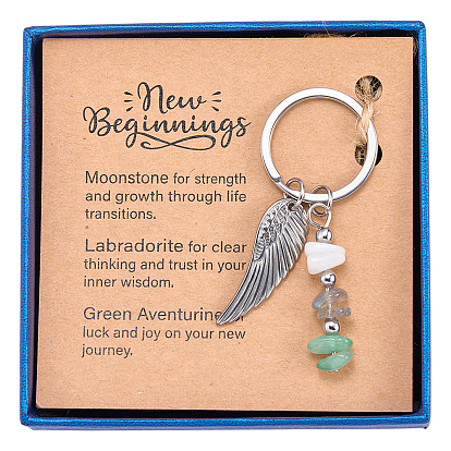 304 Брелки из нержавеющей стали с перьями из натуральных драгоценных камней, с 304 кольцами из нержавеющей стали, мешочком из органзы, бумажной карточкой и коробкой