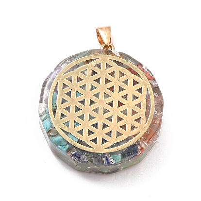Transparent Resin Pendants, with Chip Gemstone Beads and Alloy Findings, Flat Round
