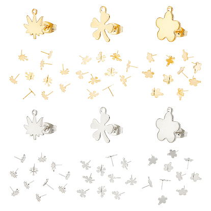 60 шт 6 стиль 304 серьги-гвоздики из нержавеющей стали, с горизонтальными петлями и 201 ушными гайками/задними частями серег из нержавеющей стали, цветок и клевер и кленовый лист