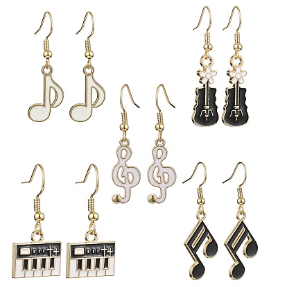 Golden Alloy Enamel Dangle Earrings for Women, Musical Instruments