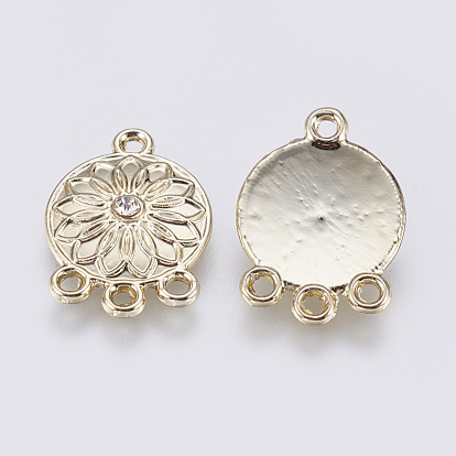 Alloy Links, Chandelier Components, with Rhinestone, Flat Round with Flower, Crystal