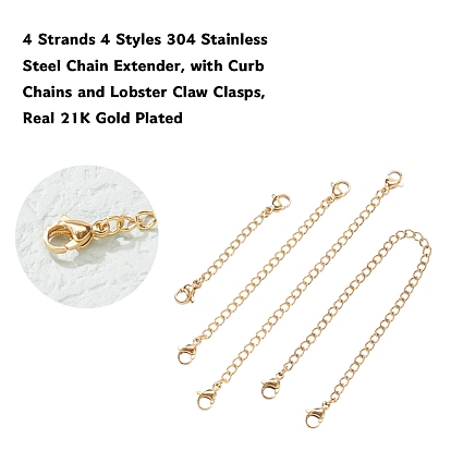 4 Strands 4 Styles 304 Stainless Steel Chain Extender, with Curb Chains and Lobster Claw Clasps