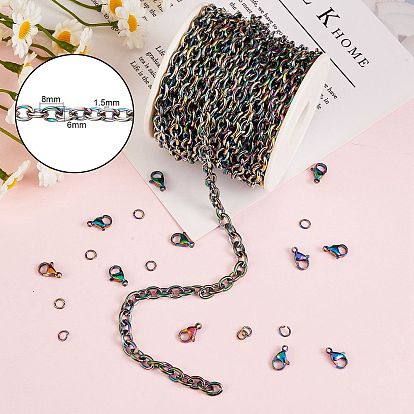 DIY Chain Jewelry Set Making Kit, Including Rainbow Color Ion Plating(IP) 304 Stainless Steel 5M Cable Chains & 10Pcs Clasps & 20Pcs Jump Rings, 1Pc Plastic Spool