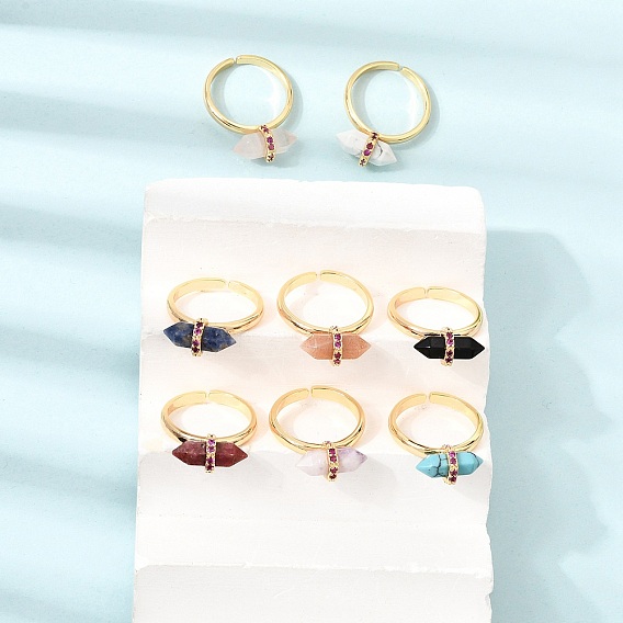 Brass Micro Pave Cubic Zirconia Cuff Open Rings for Women, Bullet, with Natural & Synthetic Gemstone, Rack Plating, Long-Lasting Plated, Lead Free & Cadmium Free, Real 18K Gold Plated
