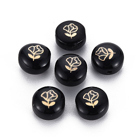 Handmade Lampwork Beads, with Golden Plated Brass Etched Metal Embellishments, Flat Round with Flower