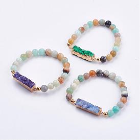 Natural Amazonite Stretch Bracelets, with Druzy Agate Links & Golden Plated 304 Stainless Steel Findings, Round & Rectangle