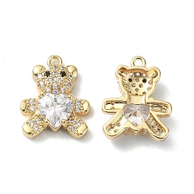 Rack Plating Brass Clear Cubic Zirconia Pendants, Bear with Heart Charm