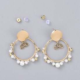 Aretes, con cuentas de vidrio rondelle, Cuentas de perlas de vidrio, tuercas de plástico, tuercas de oreja de latón, anillos de unión y hallazgos de aretes, flor de loto, con caja de cartón