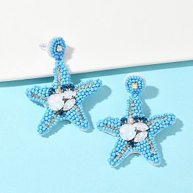 Серьги-гвоздики из стеклянных бусин в форме морской звезды, с пайетками, стразами и искусственным жемчугом, платина