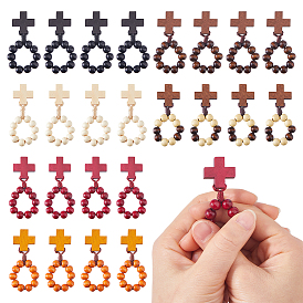 24Pcs 6 Colors Wood Cross & Round Beads Finger Rings, with Polyester Cord