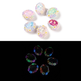 Handmade Luminous Polymer Clay Glass Rhinestone Beads, with Acrylic, Oval with Flower