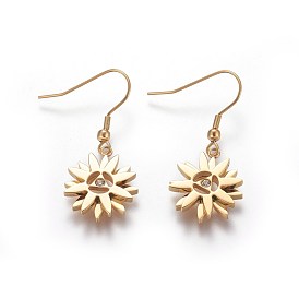 304 Stainless Steel Dangle Earrings, with Cubic Zirconia, Flower