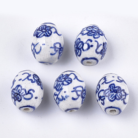 Perles en porcelaine manuelles, porcelaine bleue et blanche , ovale