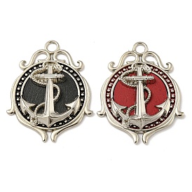Alloy Pendants, with Imitation Leather, Platinum, Flat Round with Anchor