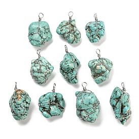 Synthetic Turquoise Dyed Pendants, Nuggets Charms with Rack Plating Platinum Plated Brass Wire Wrapped, Lead Free & Cadmium Free