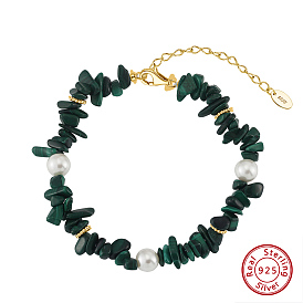 Natural Malachite Braided Beads Bracelets, 925 Sterling Silver Clasps for Women