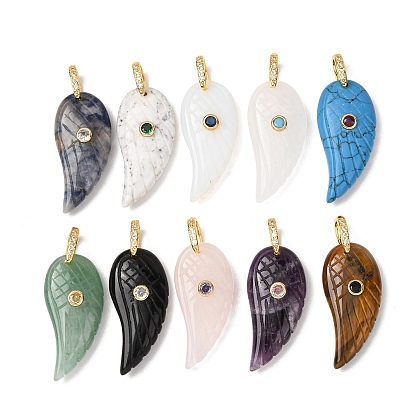 Natural Gemstone Pendants, Feather Shapes, with Brass Micro Pave Cubic Zirconia