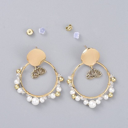 Aretes, con cuentas de vidrio rondelle, Cuentas de perlas de vidrio, tuercas de plástico, tuercas de oreja de latón, anillos de unión y hallazgos de aretes, flor de loto, con caja de cartón