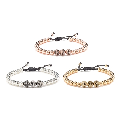 3Stk 3 Farbe runde geflochtene Perlenarmbänder aus synthetischem Hämatit, besetzt mit Zirkonia, verstellbare Edelsteinarmbänder für Frauen