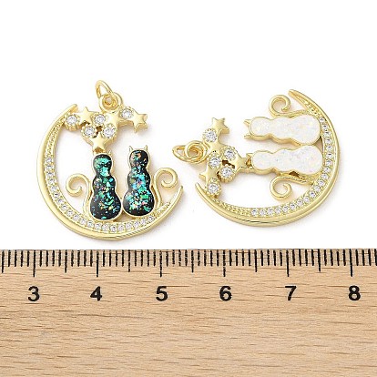 Brass Micro Pave Clear Cubic Zirconia Pendants, with Synthetic Opal, with Jump Ring, Real 18K Gold Plated, Moon with Cat
