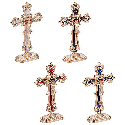4Pcs 4 Colors Religion Alloy Enamel Crucifix Cross Statue Display Decorations, for Church Decoration, Home Office Desktop Decoration, Light Gold